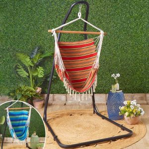 Hammock Chair With Fringe Trim And Metal Hammock Stand  |  Outdoor Furniture Garden & Outdoors Outdoor Furniture