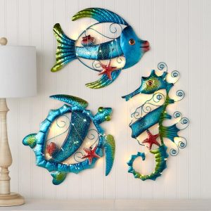 Lighted Metal Sealife Wall Hangings  |  Wall Art & Frames Home Decor Wall Art & Frames